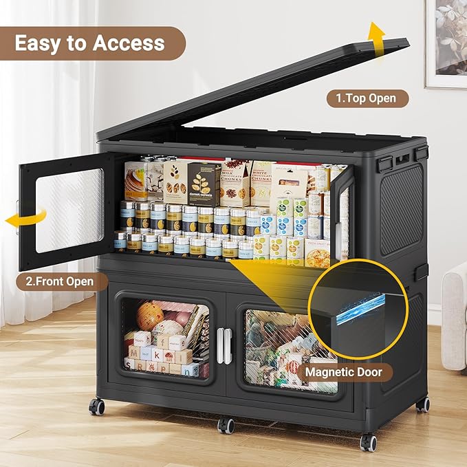 BROVIEW 880 Qt Stackable Storage Bin with Lid, 220Gal Extra Large Collapsible Storage Boxes, Folding Plastic Drawer, Heavy-Duty Store Cabinet, Closet Organizer for Home Kitchen, 4 Pack Black
