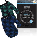 Japanese Exfoliating Mitt 2-Pack - Charcoal & Silver Ion Exfoliating Gloves for Shower - Soft Inner Fabric Gentle Exfoliation & Deep Cleansing Body Scrub Gloves for All Skin Types - 1 Blue, 1 Green