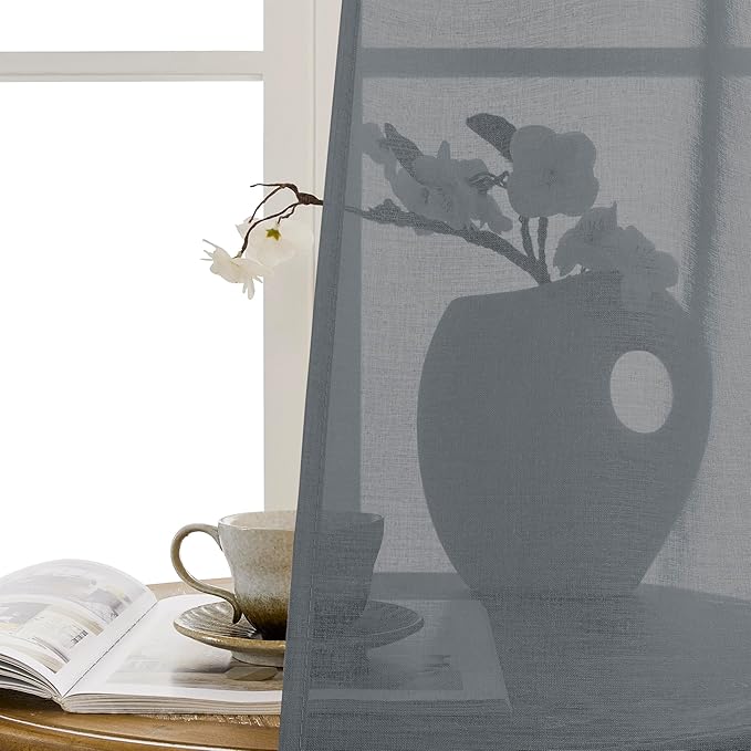 Tollpiz Sheer Door Curtains Closet Linen Textured Curtains Sheer Doorway Light Filtering Voile Rod French Door Pocket Curtain Patio Glass Door, 25 x 72 inches Long, Dark Grey, Set of 1 Panel