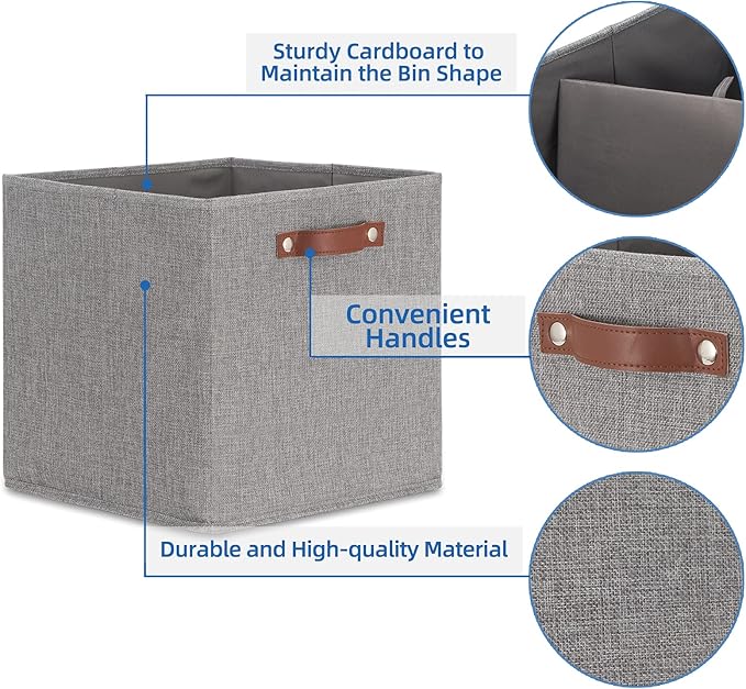 Temary Fabric Storage Cubes - 13 x 13 Collapsible Bins with Handles for Home Organization (Gray)