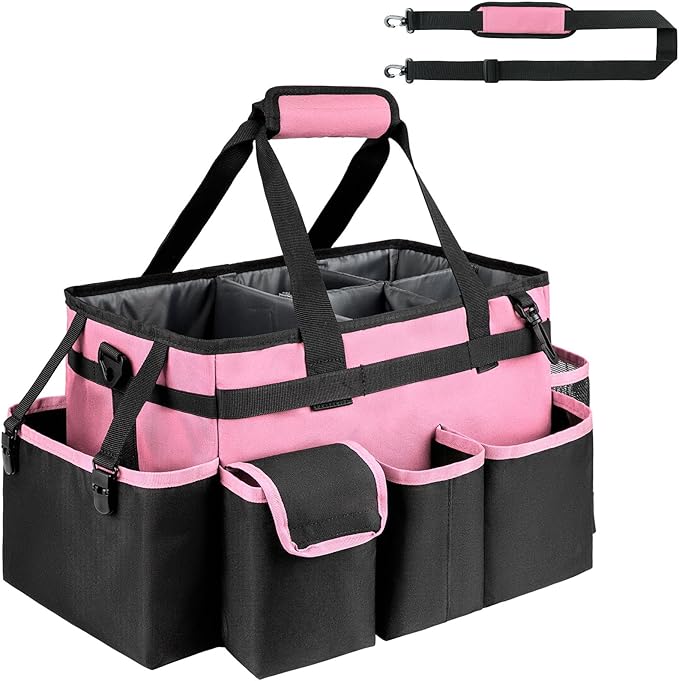Cleaning Caddy,Large Cleaning Bags for Housekeepers,Cleaning Supplies Organizer with Handle,Pink