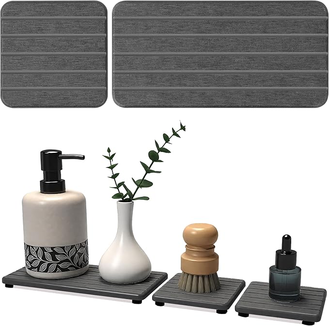 3PCS Stone Drying Tray, Stone Soap Tray, Water Absorbing Stones Trays for Sink, Fast Dry Diatomite Stones Sink Mat, Used for Hand Soap,Sponge,Toothbrush Holder in Bathroom Counter and Kitchen Sinks