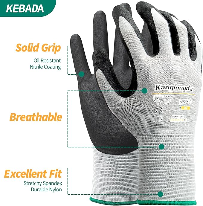 6-Paris Small Work Gloves for Men and Women, Nitrile Coated Safety Protective Gloves with Grip, Ideal for Gardening, Warehouse, Mechanic, Light Duty Construction Work