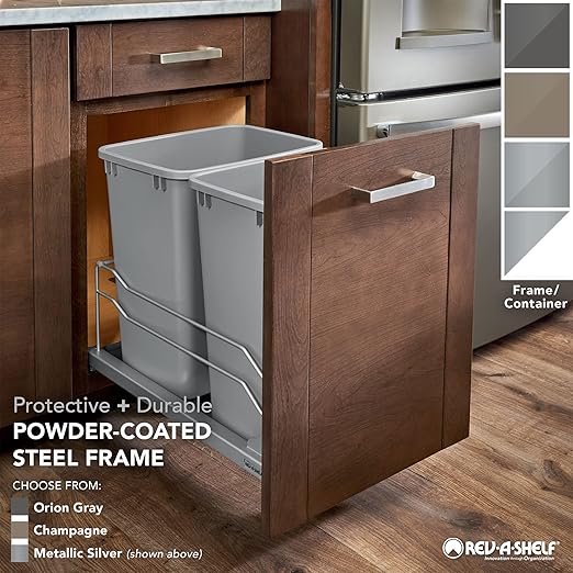 Rev-A-Shelf Double Pullout Trash Cans for Full Height Kitchen Cabinets 50 Quart 12.5 Gallon with Soft-Close Slides, White, 53WC-2150SCDM-211