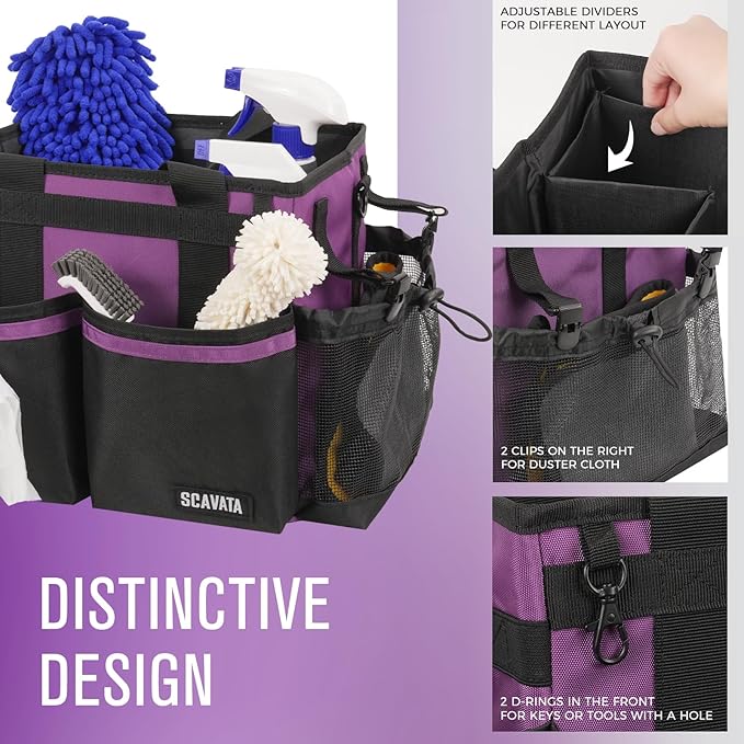 Compact Wearable Cleaning Caddy, Small Cleaning Caddy Supplies Organizer with Handle & Shoulder Straps for Housekeepers, Under Sink & Car Cleaning Tool Organizers Bag (RoyalPurple)