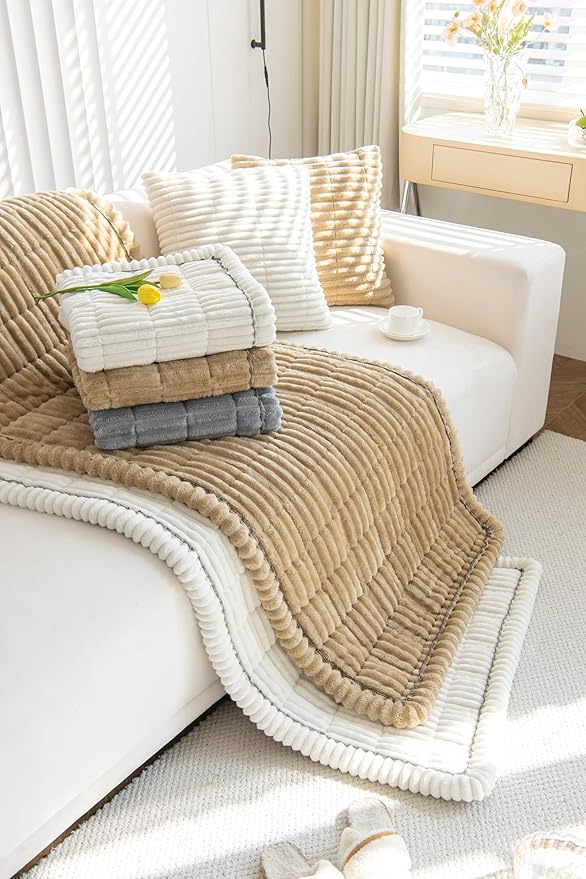 OTOB Sofa Covers for 3 Cushion Couch Washable, Fuzzy Non Slip Pet Friendly Couch Cover Protector Love Seat, All Seasons Soft Plush Furniture Bed Mats Sofa Slipcovers (Cream, 31.5" x 70.9'')