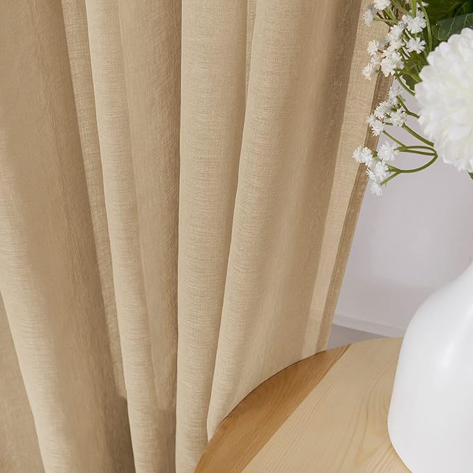 Tollpiz Sheer Curtains Linen Textured Bedroom Curtain Sheers Light Filtering Rod Pocket Voile Curtains for Living Room, 54 x 63 inches Long, Beige, Set of 2 Panels