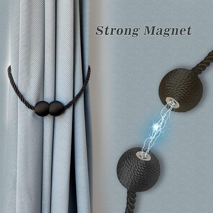 Hion Magnetic Curtain Tiebacks Black 6 Pack, Curtain Tiebacks Buckles Holdbacks Holders Hooks Clip for Home Bedroom Office Decorative Thick or Thin Curtain