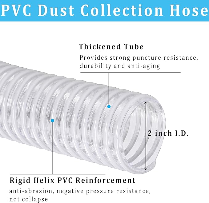 Dust Collection Hose 2 in × 5 ft Heavy Duty Clear Flexible PVC Reinforced Thicken Helix Suction Discharge Corrugated Pipe Tubing Hose for Fume Dust Collector Fitting Wood Chip Saw