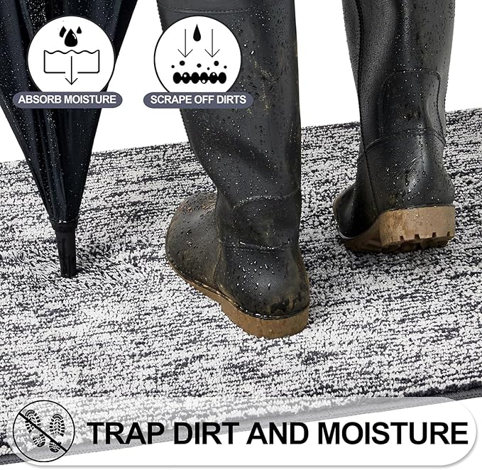 REFETONE Indoor Doormat, Front Door Mat 24"x36" Absorbent Rubber Backing Non Slip Back Door Mats, Washable Low-Profile Inside Floor Mat Door Rugs for Entryway, Resist Dirt Mud Mat for Dogs, Dark Grey