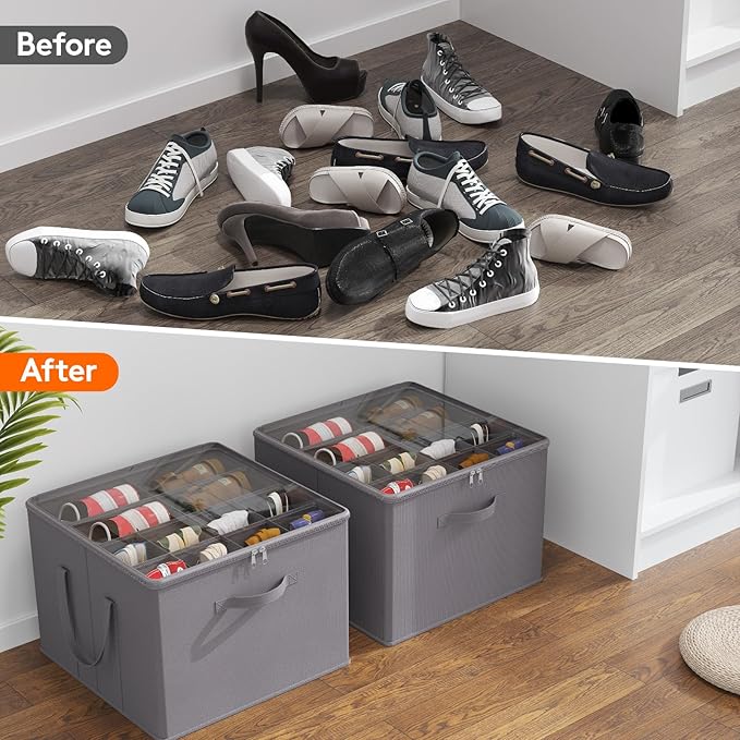 Lifewit Shoe Storage Organizer for Closet Fits 12-16 Pairs, Fabric Large Shoe Box Storage Containers with Clear Cover, Foldable Bins Fit for Boots Heels Sneakers 17"(L) x 17"(W) x 12.5"(H) 2 Pack Gray