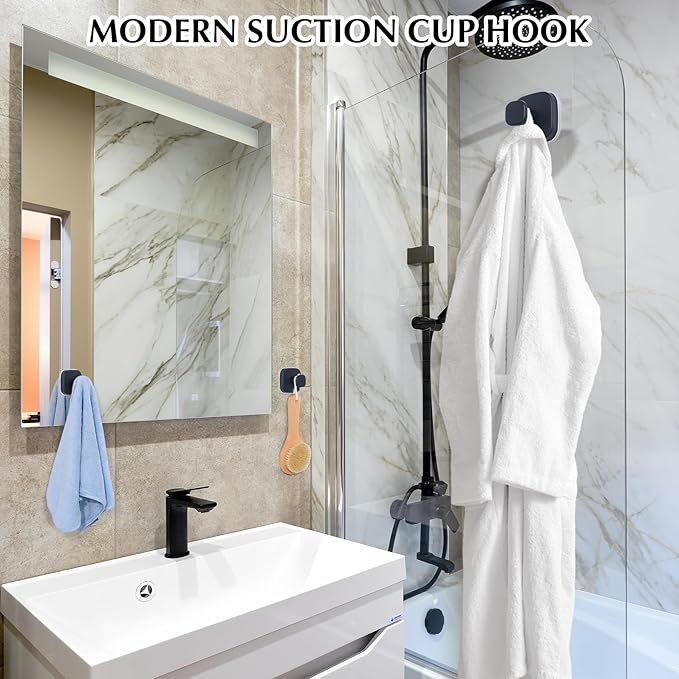Suction Cup Hooks for Shower - Reusable No-Drill Mounting - Hooks for Towels, Robes & Loofah on Metal, Glass, Mirrors, Tile & Smooth Non-Porous Surfaces (2, Matte Black)