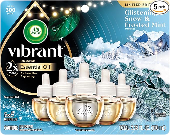 Air Wick Plug In Advanced Scented Oil,Glistening Snow + Frosted Mint,Air Fresheners for Home Long Lasting, Room Freshener, Air Freshener Plug In, House Essentials for Small Spaces + Large Spaces,5 ct