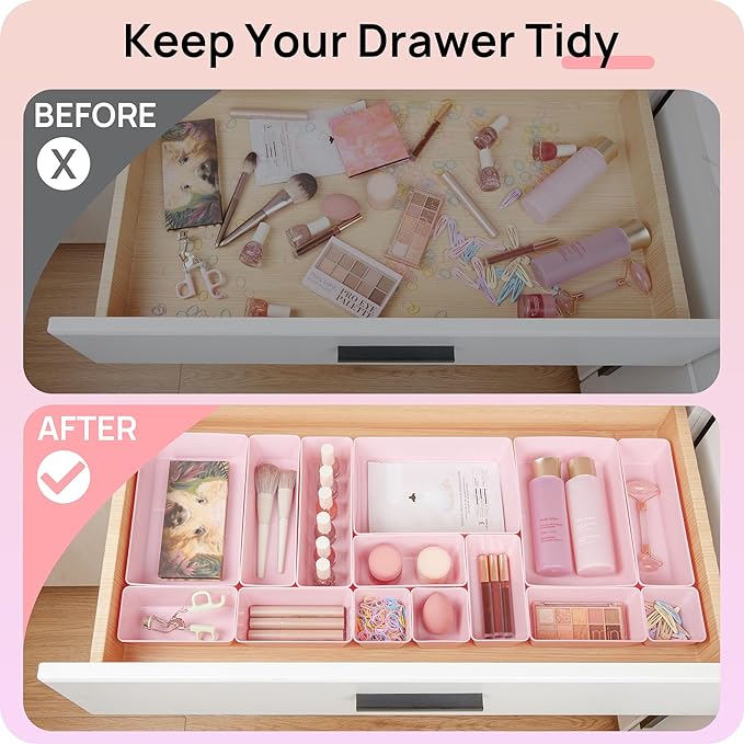 Vtopmart 44 PCS Plastic Drawer Organizers Set, 4-Size Versatile Bathroom and Vanity Organizer Trays, Non-Slip Storage Containers for Makeup, Jewelries, Bedroom，Kitchen Utensils and Office, Pink