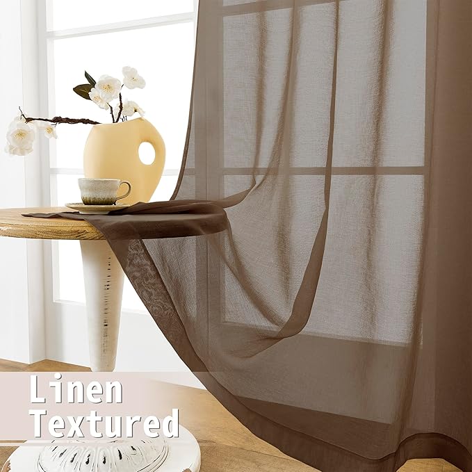 Tollpiz Sheer Door Curtain Closet Linen Textured Curtain Sheers Doorway Light Filtering Voile French Door Rod Pocket Curtains Patio Glass Door, 25 x 80 inches Long, Brown, Set of 1 Panel