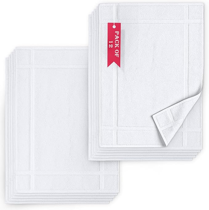 Pearl Linens Pack of 12 100% Cotton Bath Mat 18x25 inches, Soft & Absorbent Quick Dry Bathroom Mat Set, Not Bathroom Rugs, After Shower Mat, Bath Tub Mat, 687 GSM, Machine Washable, White