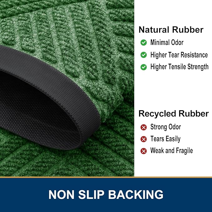 Smiry Front Door Mat Outside Entrance, Heavy Duty Outdoor Indoor Natural Rubber Doormat, Non Slip, Trap Dirt and Moisture, Easy Clean, Low Profile Patio Porch Entryway Mat, 59x35, Green