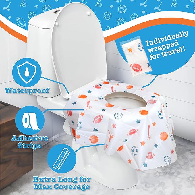 Toilet Seat Covers Disposable (12 Pack, Sports) - XL Waterproof Toilet Cover for Toddlers, Kids & Adults - Portable & Individually Wrapped for Travel, Potty Training & Public Restrooms