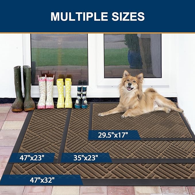 Smiry Front Door Mat Outside Entrance, Heavy Duty Outdoor Indoor Natural Rubber Doormat, Non Slip, Trap Dirt and Moisture, Easy Clean, Low Profile Patio Porch Entryway Mat, 47x32, Brown