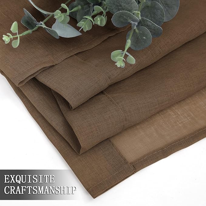 Tollpiz Sheer Curtains Linen Textured Bedroom Curtain Sheers Light Filtering Rod Pocket Voile Curtains for Living Room, 54 x 84 inches Long, Brown, Set of 2 Panels