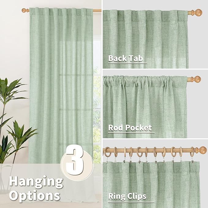 YoungsTex Light Green Linen Semi Sheer Curtains 84 Inch Length 2 Panels for Living Room, Sage Boho Light Filtering Drapes with Back Tab Rod Pocket Window Treatments for Dining Bedroom, 52 X 84 Inch