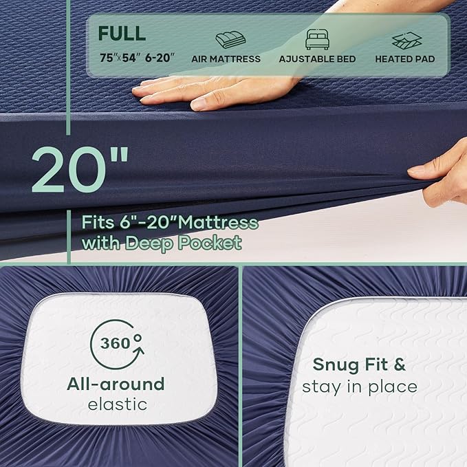 OhGeni 100% Waterproof Mattress Protector, Full Size Mattress Pad, Fits 6"-20" Mattresses with Deep Pocket, Cooling, Breathable Fitted Sheets, Soft Bed Cover, Noiseless, Machine Washable(Navy Blue)
