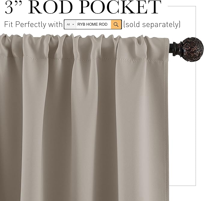 RYB HOME Small Curtains for Bathroom Windows, Blackout Blinds Shades for Bedroom Dorm Storage Cabinet Door Basement Farmhouse Decor, W 34 x L 36 inches, Sand, 2 Panels
