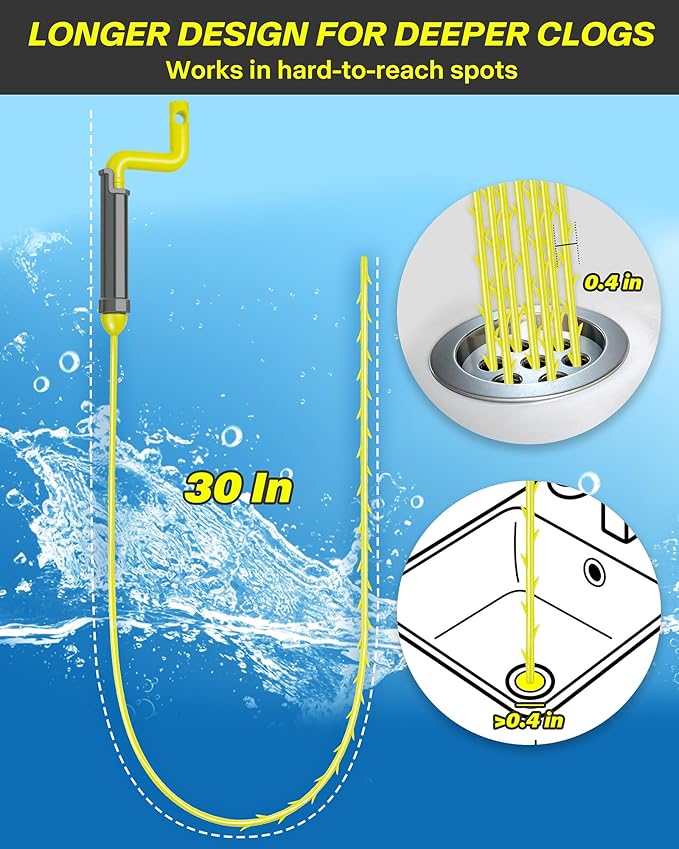 Drain Clog Remover Tool, 30 Inch Sink Snake Hair Clog Remover with Rotating Handle and 7 Wand Spares, Anti-Break Nylon Drain Hair Remover Plumbing Snake, Unclog Drain Quickly and Easily-7 Pack