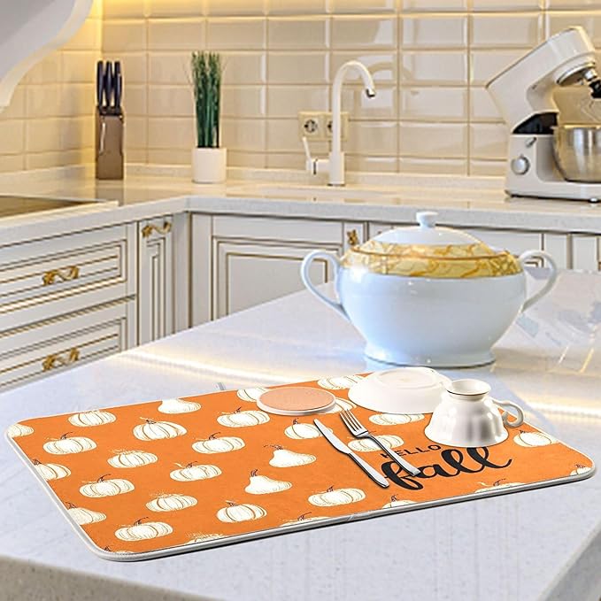 Hello Fall Burnt Orange Dish Drying Mat for Kitchen Countertop 16x18 Autumn Pumpkin Small Drying Mat Reusable Quick Dry Dish Sink Mats Easy Clean Decorative Essentials
