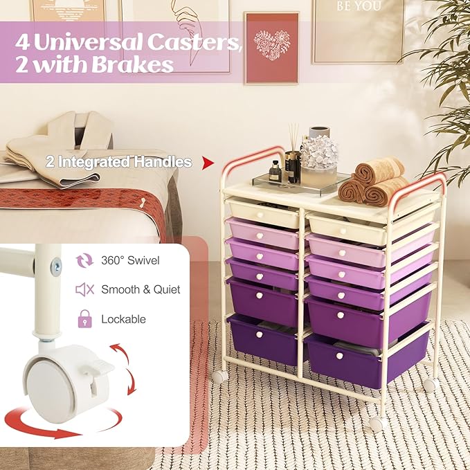 GOFLAME 12-Drawer Rolling Storage Cart, Multipurpose Organizer Cart with 2 Sizes Plastic Drawers, Mobile Utility Cart with Lockable Casters for School, Home Office, Beauty Salon, Purple Gradient
