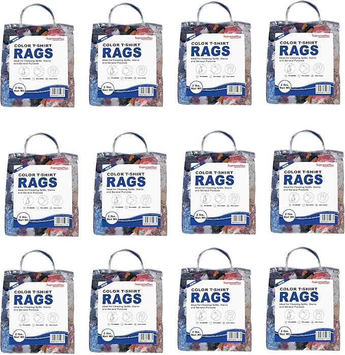 Premium Color Knit Cleaning Rags (2 lb. Bag - Pack of 12) – Shop Rags Bulk for Workshops, Mechanics, Painters, and Home Use, Multipurpose Cotton T-Shirt Rags