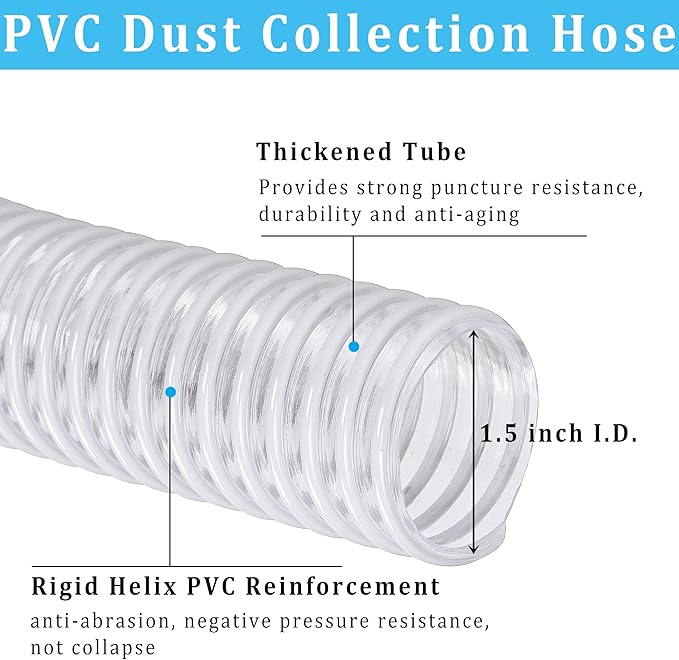 Dust Collection Hose 1-1/2 in × 10 ft Heavy Duty Clear Flexible PVC Reinforced Thicken Helix Suction Discharge Corrugated Pipe Hose for Fume Dust Collector Fitting Wood Chip Saw (1.5 inch 38mm hose)