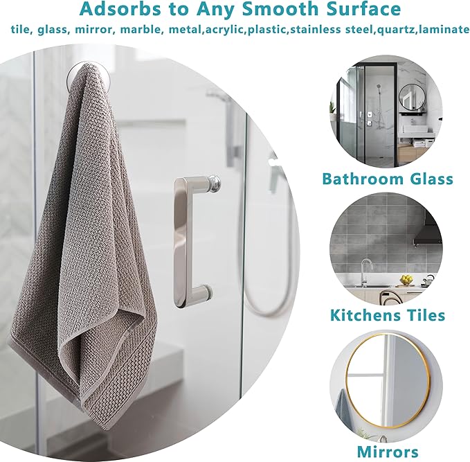 Suction Cup Hooks for Shower,Removable No Drill Towel Hooks,Upgraded 15 lbs Strong Suction hooks for Bathroom Tile,Shower Wall,Glass Door,Kitchen-Loofah,Coat,Stainless Waterproof-Chrome 2 Pcs