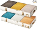 Vailando Under Bed Storage Containers, Foldable Storage Bins for Blankets, Comforter, and Seasonal Clothing, 6 Inches Tall, Beige with Brown Leather Handles, 2-Pack
