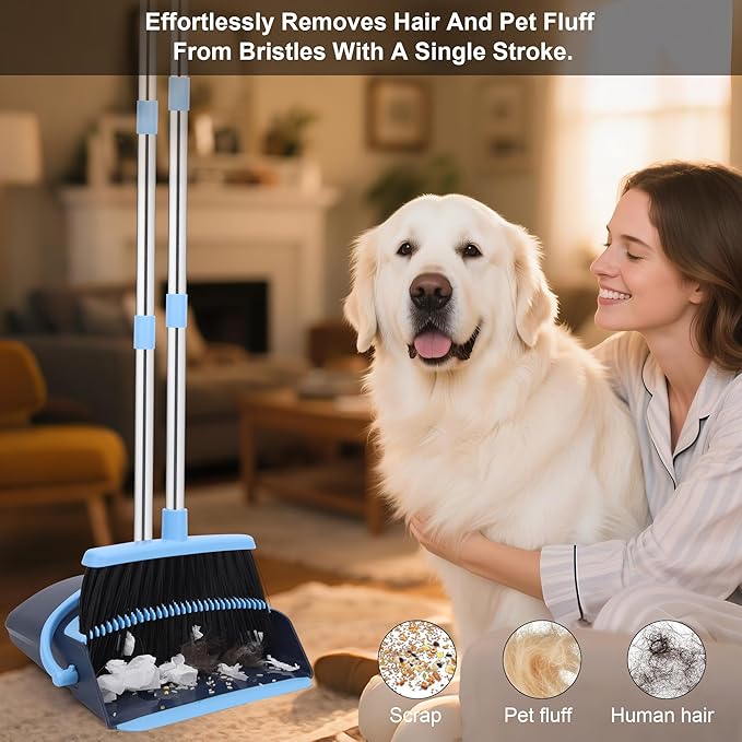 Broom and Dustpan Set for Home 2025 Indoor Outdoor Broom with Dustpan Combo Set Upright Dust Pans with Long Handle Angle Broom for Kids Garden Pet Hair Lobby Wood Floor Kitchen