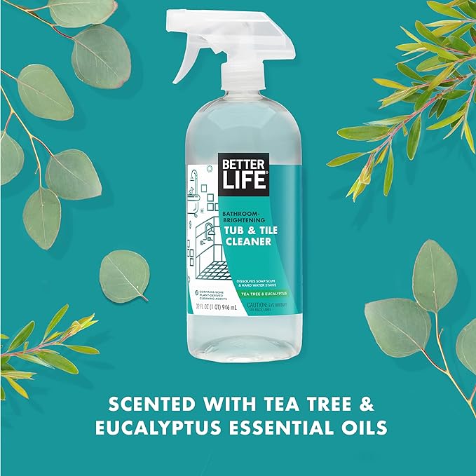 BETTER LIFE Bathroom Cleaner - Tea Tree Bathtub & Shower Cleaner Spray for Glass and Tile - Foaming Mold and Mildew Remover for Tub Works on Hard Water Stains - 32oz (Pack of 2)