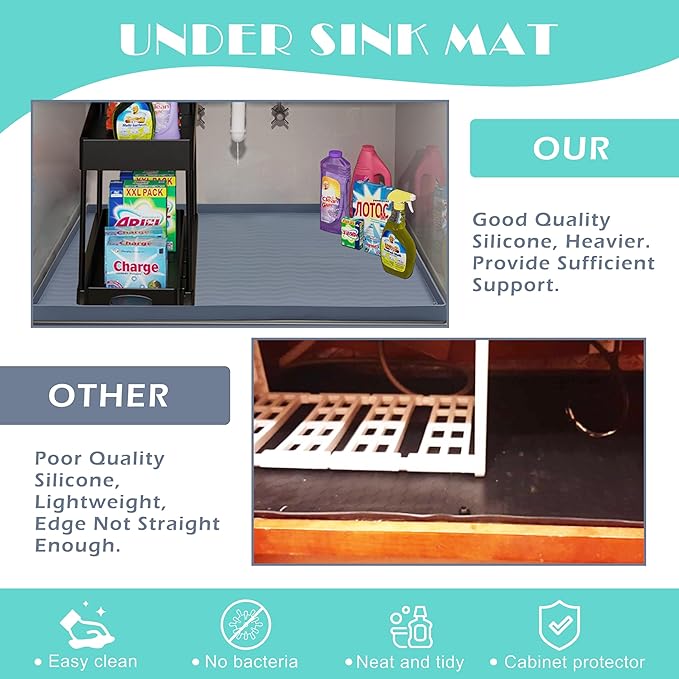 URMONA Waterproof Silicone Under Sink Mat 37'' x 22'' Shelf Liner for Kitchen and Bathroom, Cabinet and Counter Protector, Storage and Organizers, Litter Mat, Pet Cat Puppy Essentials(Cream)