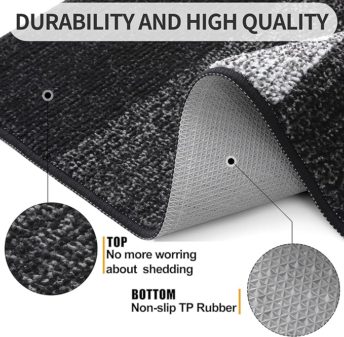 Kitinjoy Indoor Outdoor Door Mat, 47x20 Non-Slip Absorbent Dirt Trapper, Low-Profile Washable Inside Entrance Front Floor Mat, Sturdy Soft Entry Doormats for Entryway, Black