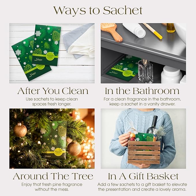 Simplicity Scents Winter Pine Scented Sachets Pack of 6, Fall & Winter - Long-Lasting Scented Bags, Home Fragrance, Air Freshener & Deodorizer for Closet, Room, Drawer, or Cars, Made in USA