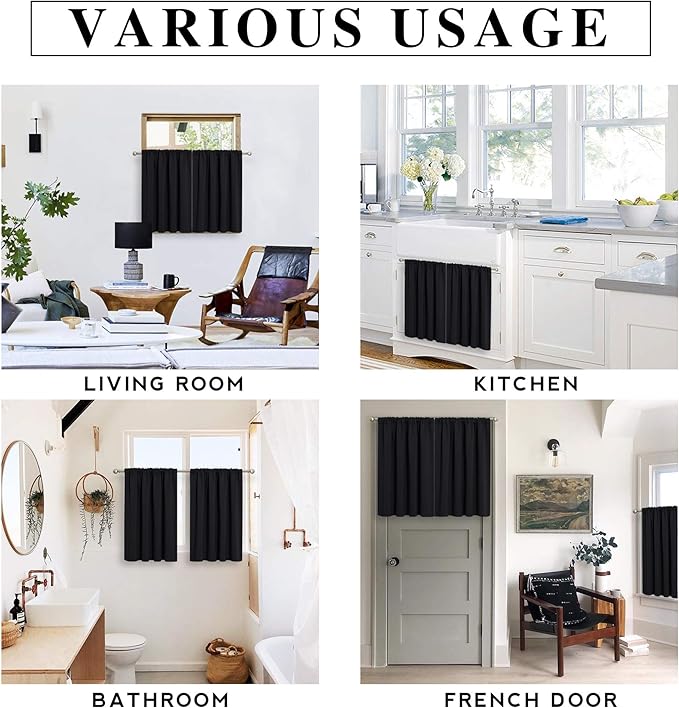 RYB HOME Blackout Curtains for Bedroom - Solid Light Block Blinds Privacy Noise Reduce Drapes for Kids Nursery Laundry Kitchen Cafe Window Decor, W 52 x L 36 inch per Panel, Black, 1 Pair