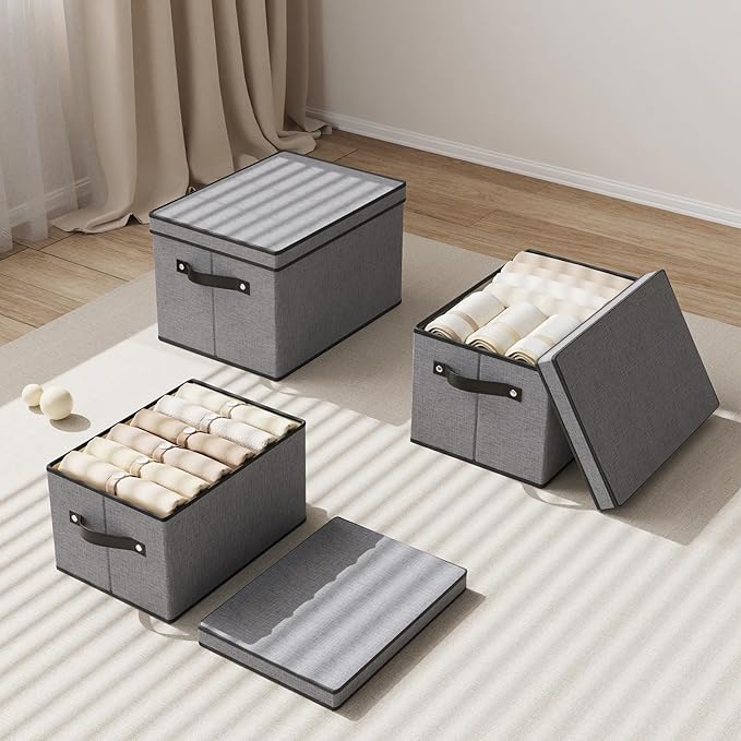 Storage Boxes, 15 x 9.8 x 8.3 Inch Baskets for Organizing with Lids, Fabric Bins with Handles, Decorative Linen Closet Organizers, Gray, 1 Pack