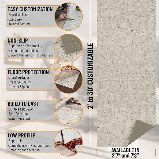 Ottomanson 2'7" x 7' Non-Slip Rug Pad Gripper 1/12 Inch Ultra Thin Dual Surface Felt + Rubber Gripper - Safe for All Floors, Cream