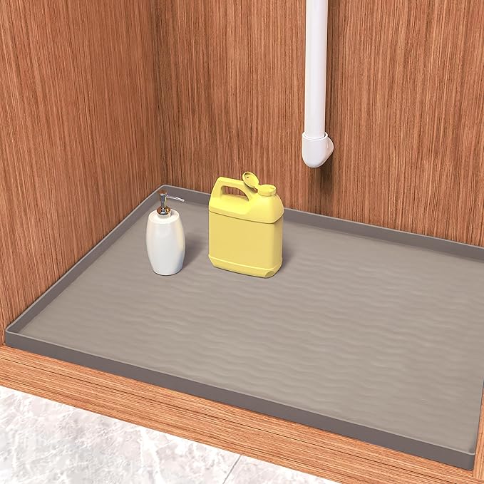 URMONA Waterproof Silicone Under Sink Mat 22'' x 14'' Shelf Liner for Kitchen and Bathroom, Cabinet and Counter Protector, Storage and Organizers, Litter Mat, Pet Cat Puppy Essentials(Beige)