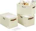 Large 3-Pack Foldable Fabric Storage Bins with Durable PU & Metal Handles, Collapsible Storage Baskets for Shelves, Home Storage, Closet Organizers, Living Room(14.9"x9.8"x9.8", Beige)