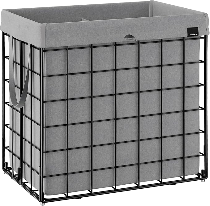 SONGMICS Laundry Hamper, 34.3 Gal. (130L) Laundry Basket, Collapsible Clothes Hamper, Removable and Washable Liner, Metal Wire Frame, for Bedroom Bathroom, Black and Gray ULCB113G01