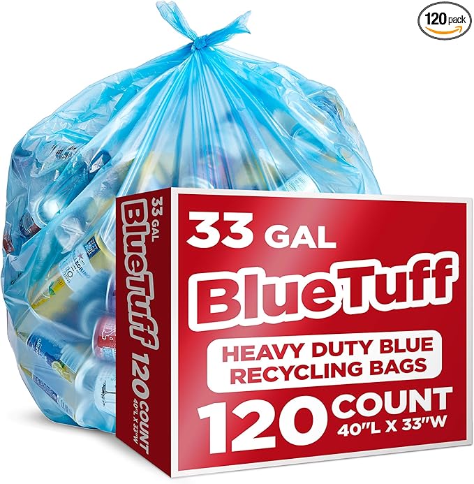 Heavy-Duty Blue Recycling Bags, 120-Pack Blue Garbage Bags For Recycling | 33-Gallon Capacity| Commercial, Industrial or Home Use