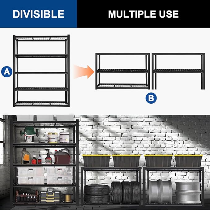 BILT HARD 48”W x 18”D x 72”H Garage Shelving, 5-Tier Heavy Duty Storage Shelves for Garage, Basement, Warehouse, Workshop, 3000 lbs Capacity