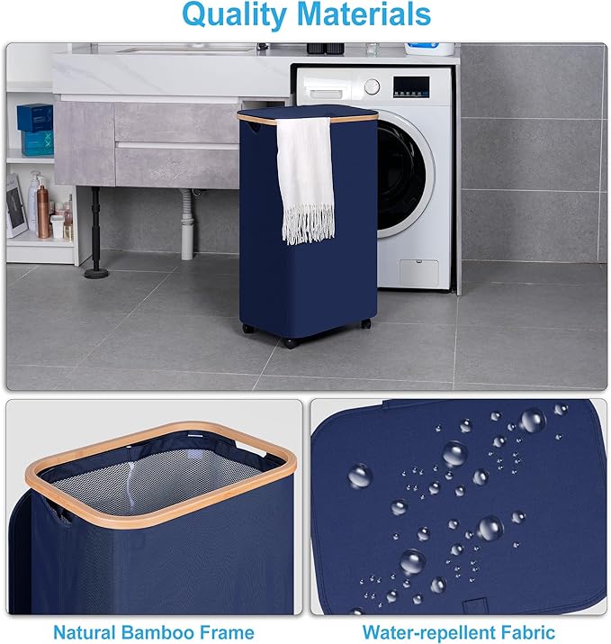 efluky Laundry Basket with Wheels, Tall Rolling Laundry Hamper with Lid and Removable Bag, Aesthetic Dirty Clothes Hamper on Wheels for Laundry Room, Bedroom, Dorm and Bathroom, 100L Blue