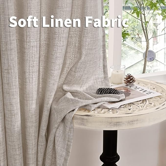 YoungsTex Beige Linen Semi Sheer Curtains 63 Inch Length for Living Room, Light Filtering Window Drapes with Rod Pocket Back Tab Natural Textured for Country Bedroom, 2 Panels, 52 X 63 Inch