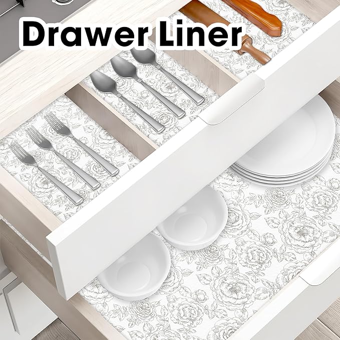 Drawer and Shelf Liner for Kitchen Cabinets Non-Adhesive, Non-Slip Cabinet Liner Shelf Paper Strong Grip Waterproof Easy to Clean for Kitchen Shelves Cupboard, Flower,12IN X 10FT